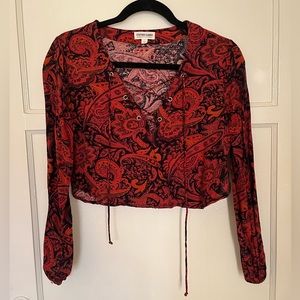 Paisley floral red tie up crop top XS S